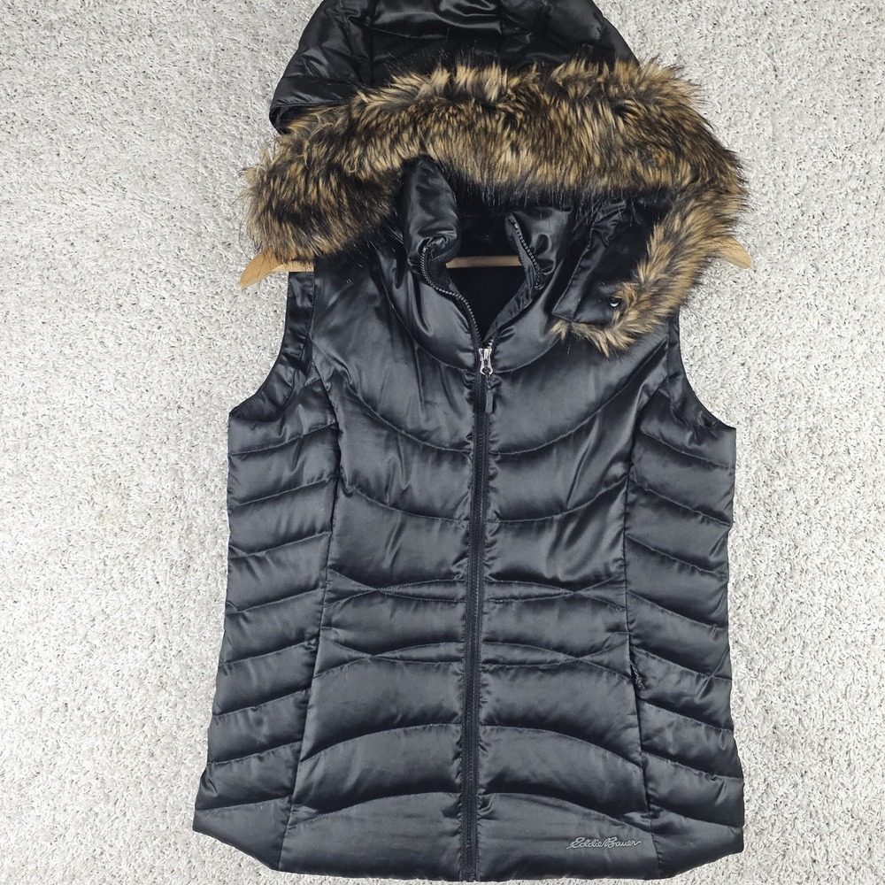 Eddie Bauer Puffer Vest Womens Medium Black Faux Fur Hood Down Filled EB 650